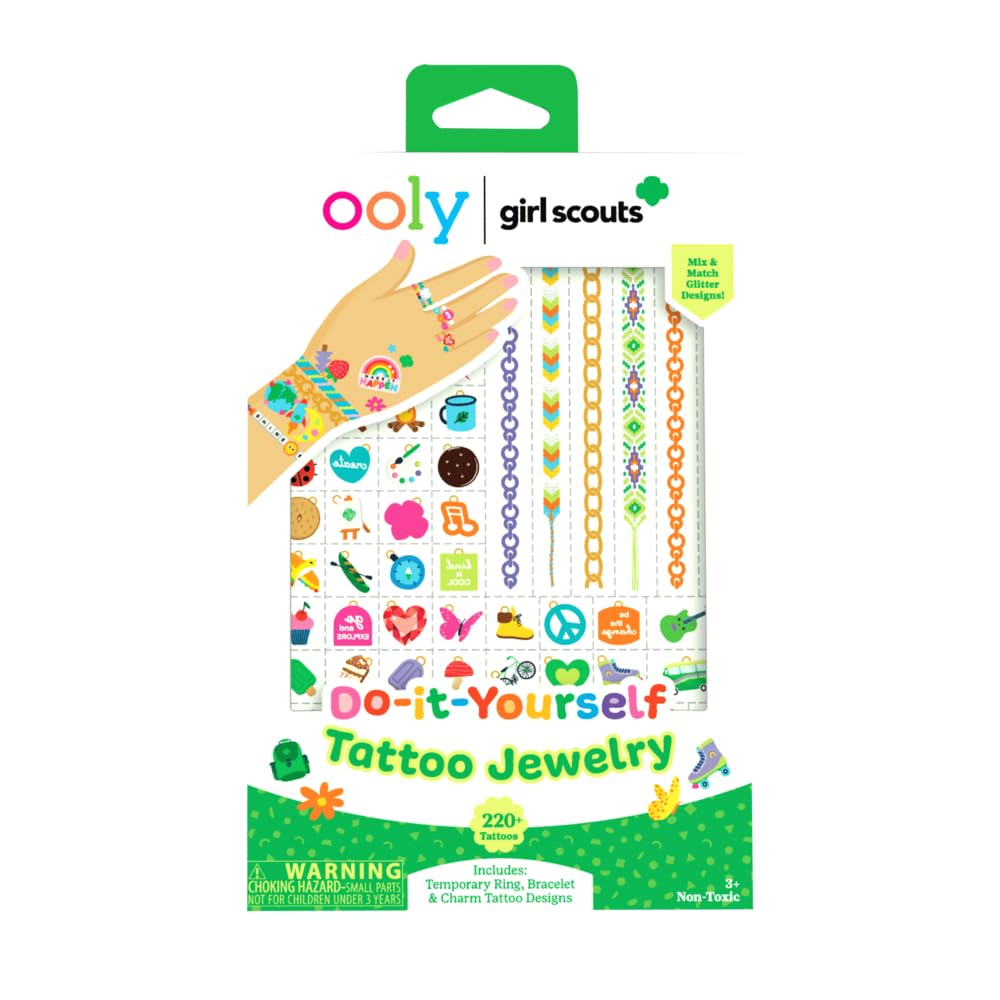 OOLY x Girl Scouts Temporary Tattoos for Girls - Glitter DIY Tattoo Jewelry Kit, 3 Sheets, Bracelets Rings Necklaces
