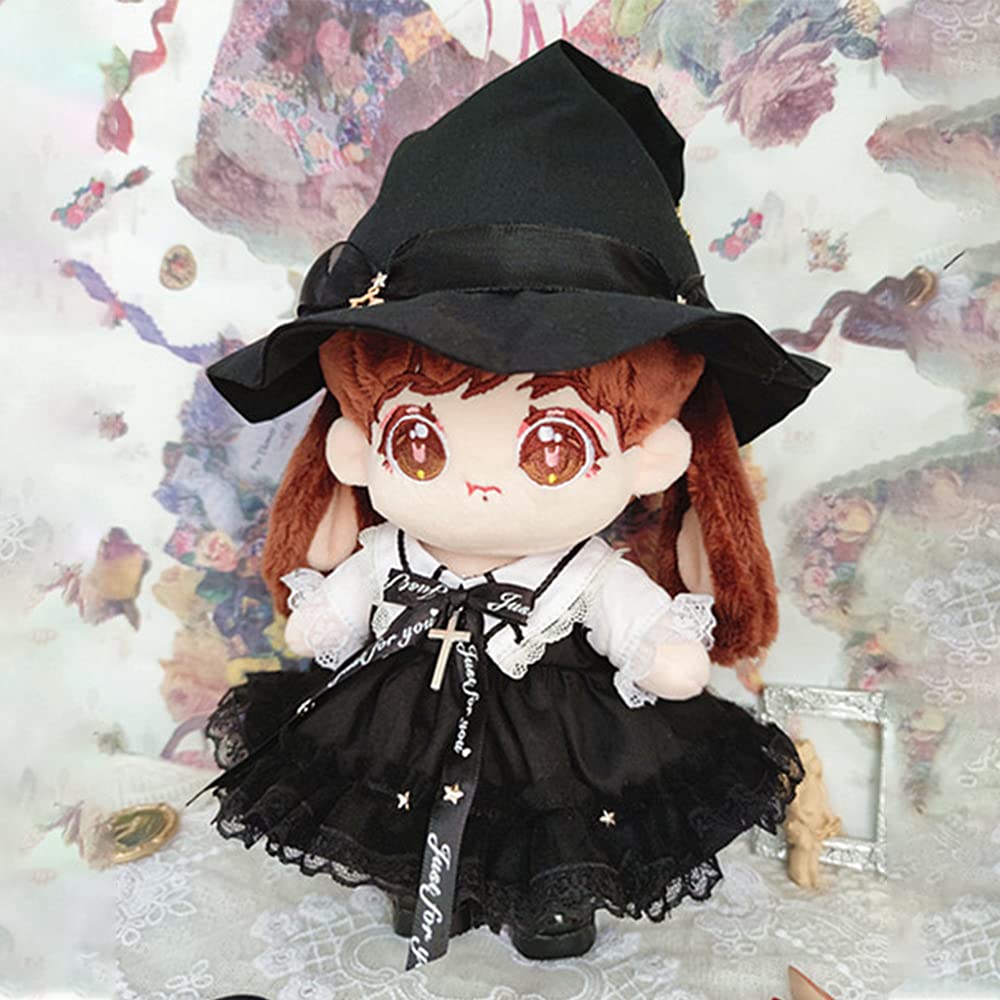 niannyyhouse 7.8in/20cm Plush Doll Clothes Hat + Dress 2-Piece Set Black Magic Hat Mesh Lace Dress