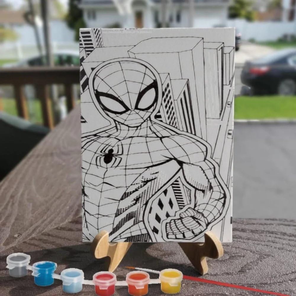 Spider-Man Color Your Own Canvas Kit - 8"x4" Canvases with 1 Paint Brush & 6 Vibrant Paints - The Perfect Creative Gift for Kids and Marvel Fans Alike