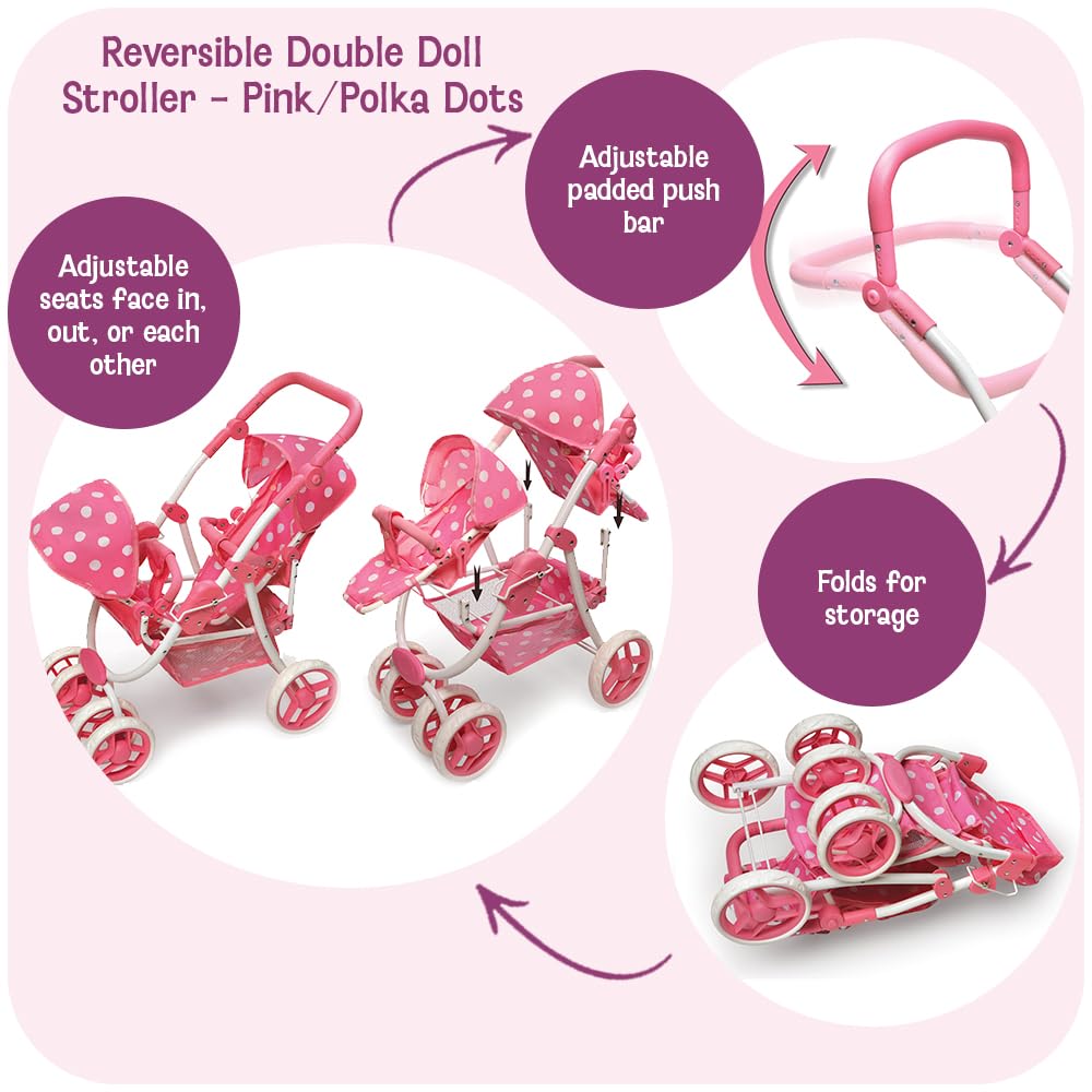Badger Basket Polka Dot Reversible Double Doll Stroller for 16-Inch Dolls - Pink/Polka Dots with Removable Seats