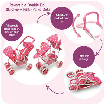 Badger Basket Polka Dot Reversible Double Doll Stroller for 16-Inch Dolls - Pink/Polka Dots with Removable Seats