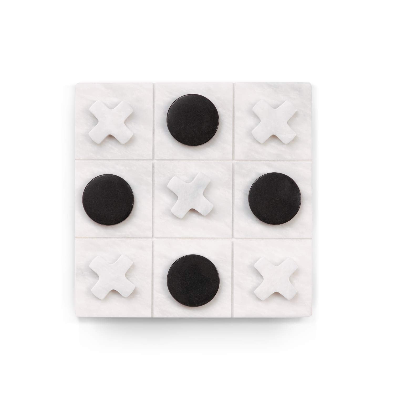 Bey-Berk Marble Tic Tac Toe Set, 9" x 9" White Board with Black & White Playing Pieces, Elegant Coffee Table Game