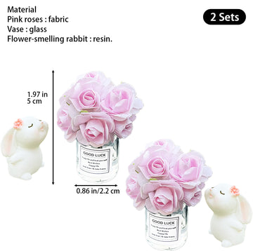 2 Sets Dollhouse Miniature Flower in Vase and Rabbits, 1:12 Scale Dollhouse Miniature Decor, Car Decoration