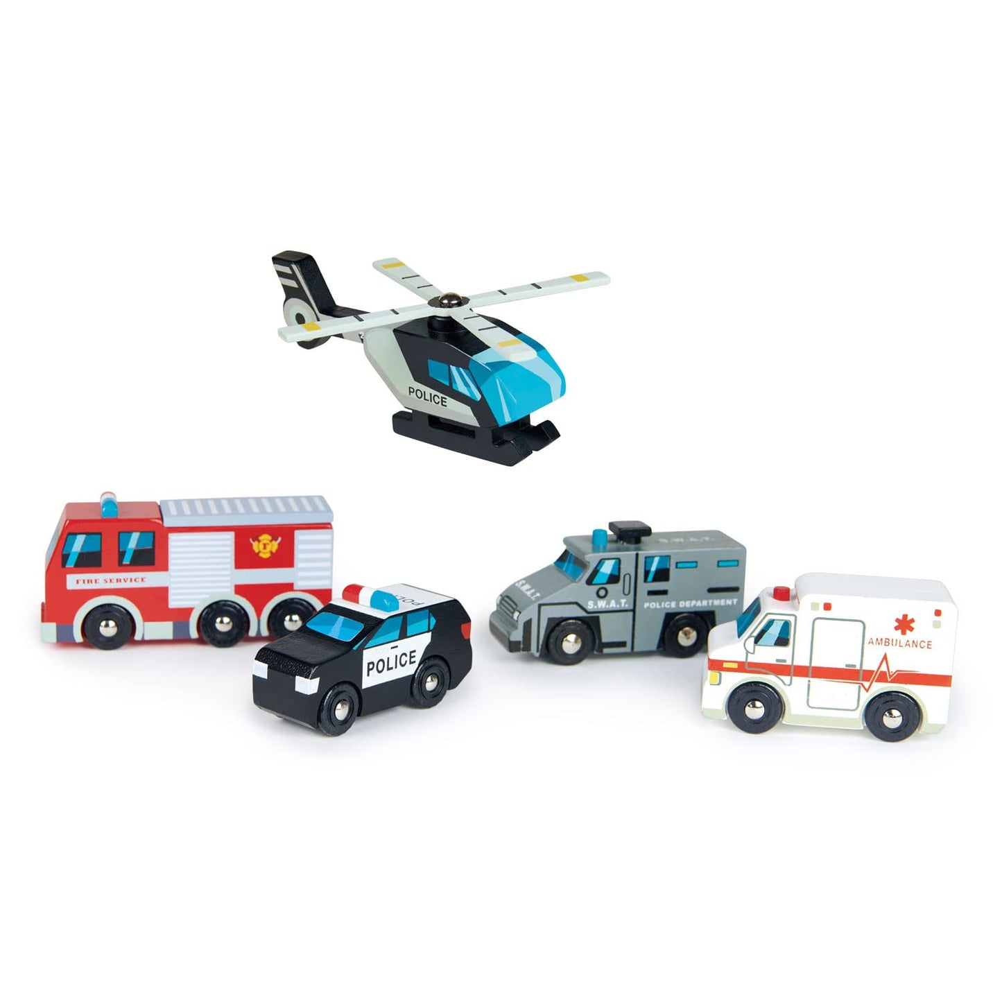 Tender Leaf Toys - Emergency Vehicles - 5 Wooden Rescue Vehicles with Moving Parts for Toddler Boys and Girls - Great Gift for Car Lovers
