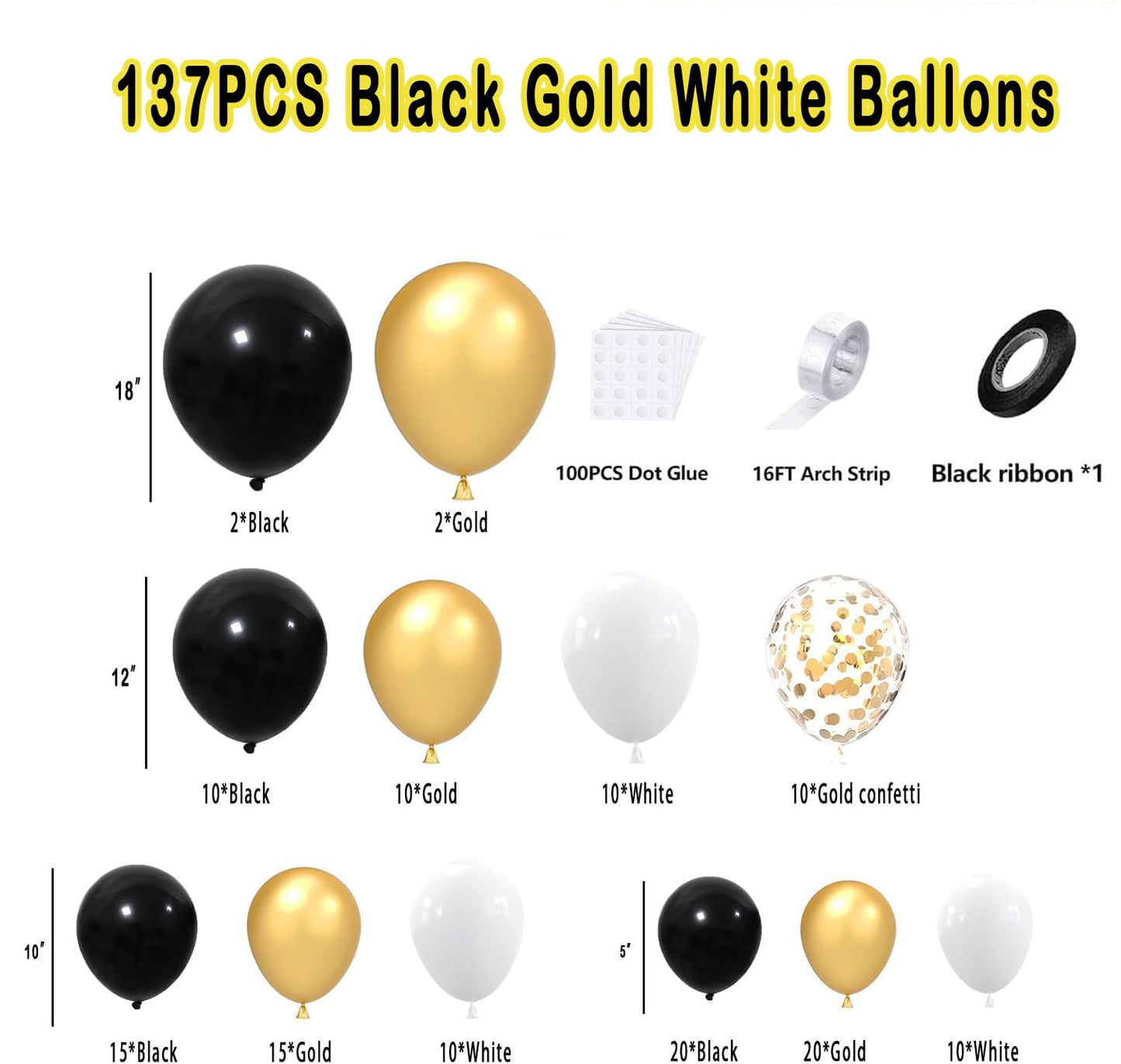 Black Gold White Balloon Arch Kit,137 Pcs Balloon Garland Kit Confetti Metallic with Balloons Tape for Wedding, Birthday,Graduation,New Years,Special