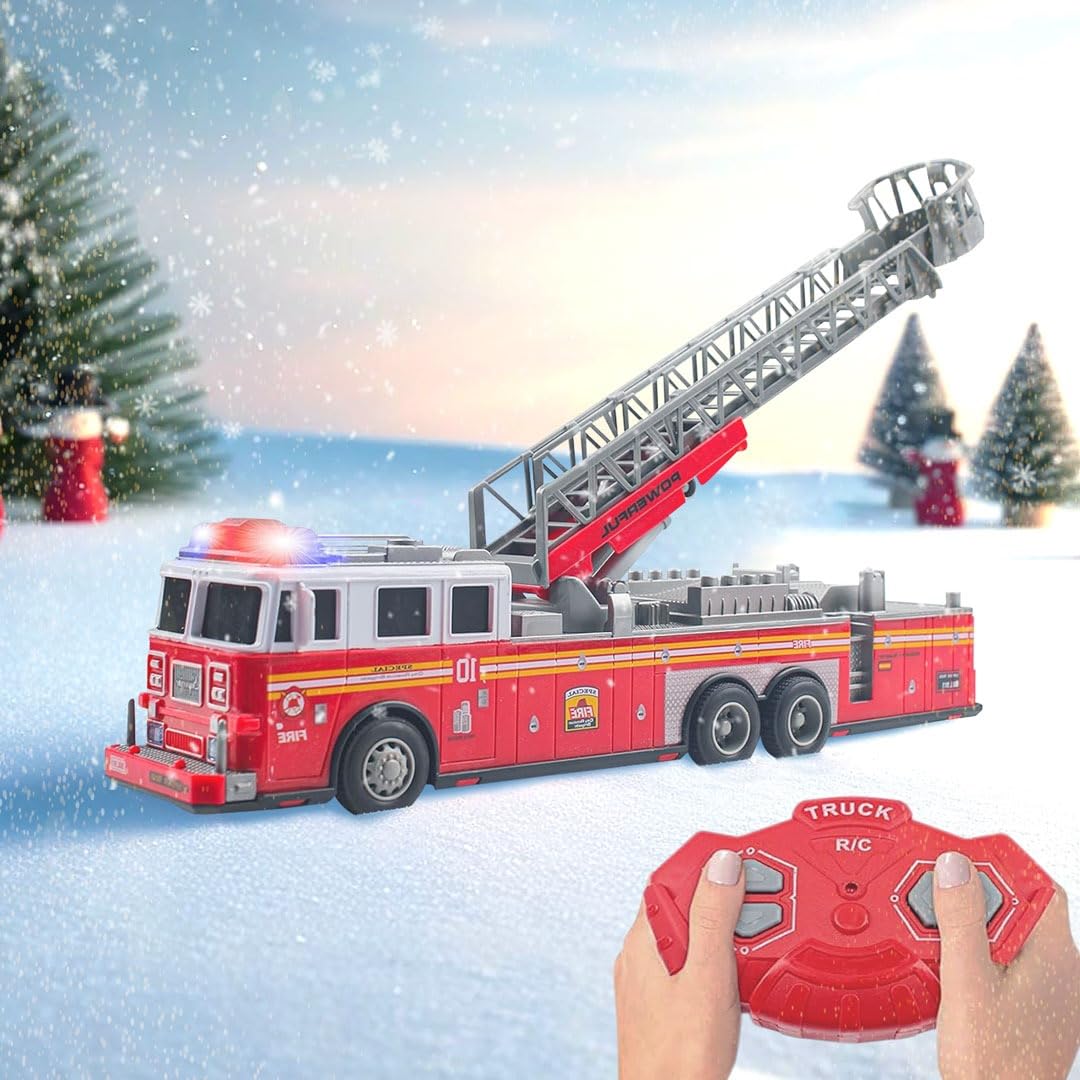 Remote Control Fire Truck - Premium Battery-Powered RC Fire Engine Toy with Flashing Lights, Realistic Sirens, Extendable Ladder - Perfect Toy Gift