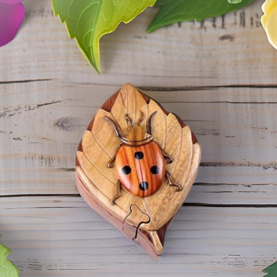 Lady Bug - Secret Wooden Intarsia Puzzle Box - Handcrafted from Natural Exotic Woods