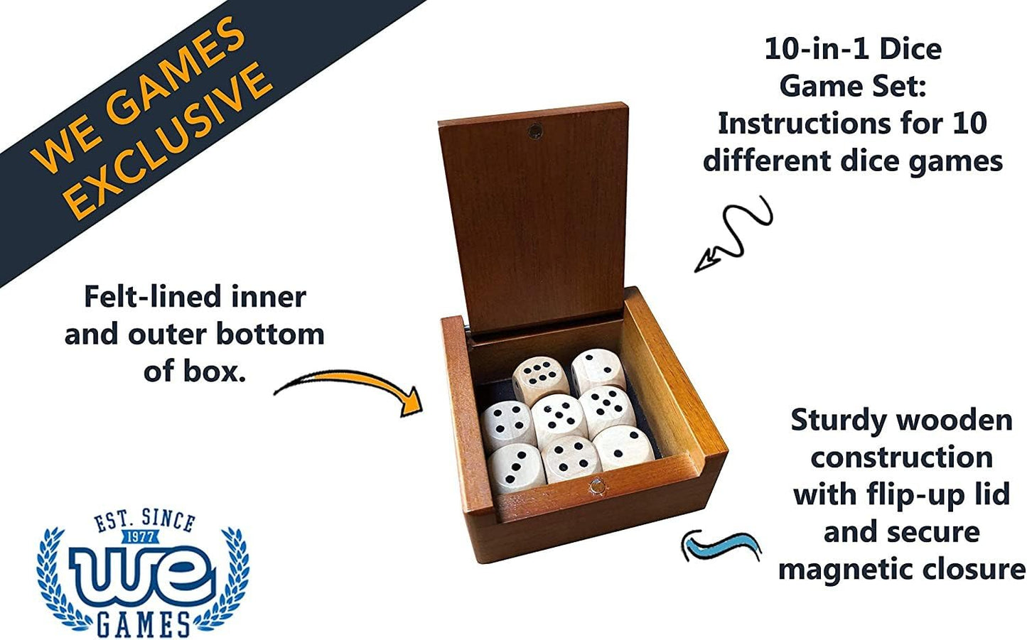 WE Games Wooden Dice Box with 8 Rounded Wooden Dice - Instructions for 10 Dice Games