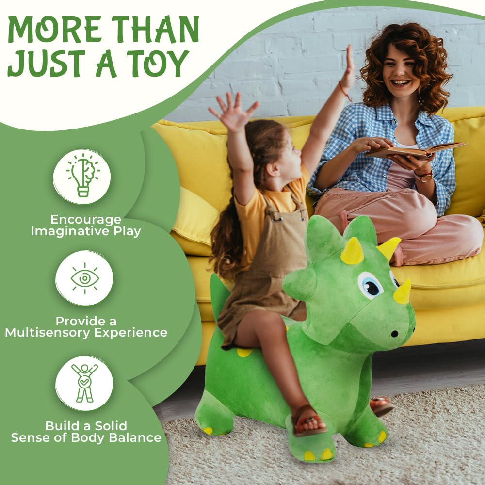 Plush Green Dinosaur Bounce & Ride-on Inflatable Hopper Toddler Toy with Pump
