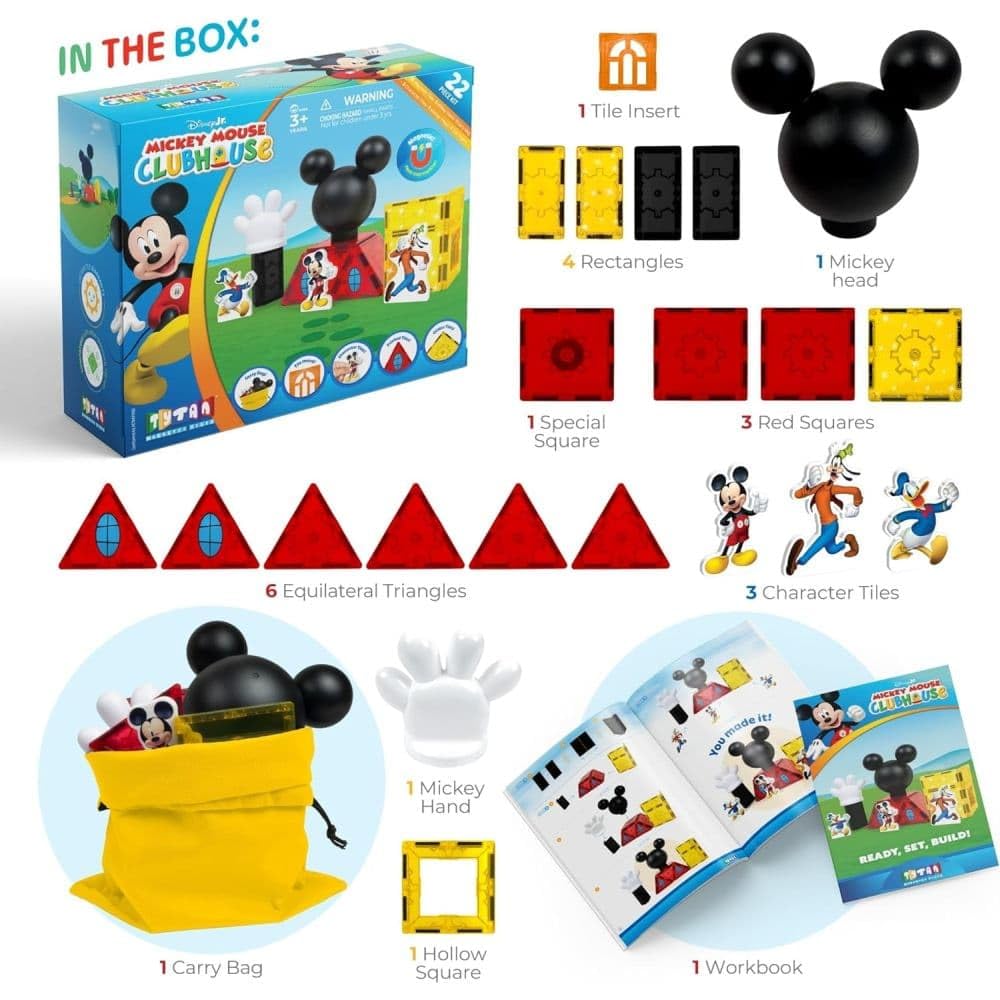 Tytan Official Disney Junior Mickey Mouse Clubhouse Magnetic Tile Set - 22-Piece STEAM Toy with Character Tiles, Mickey Head & Hand - Educational
