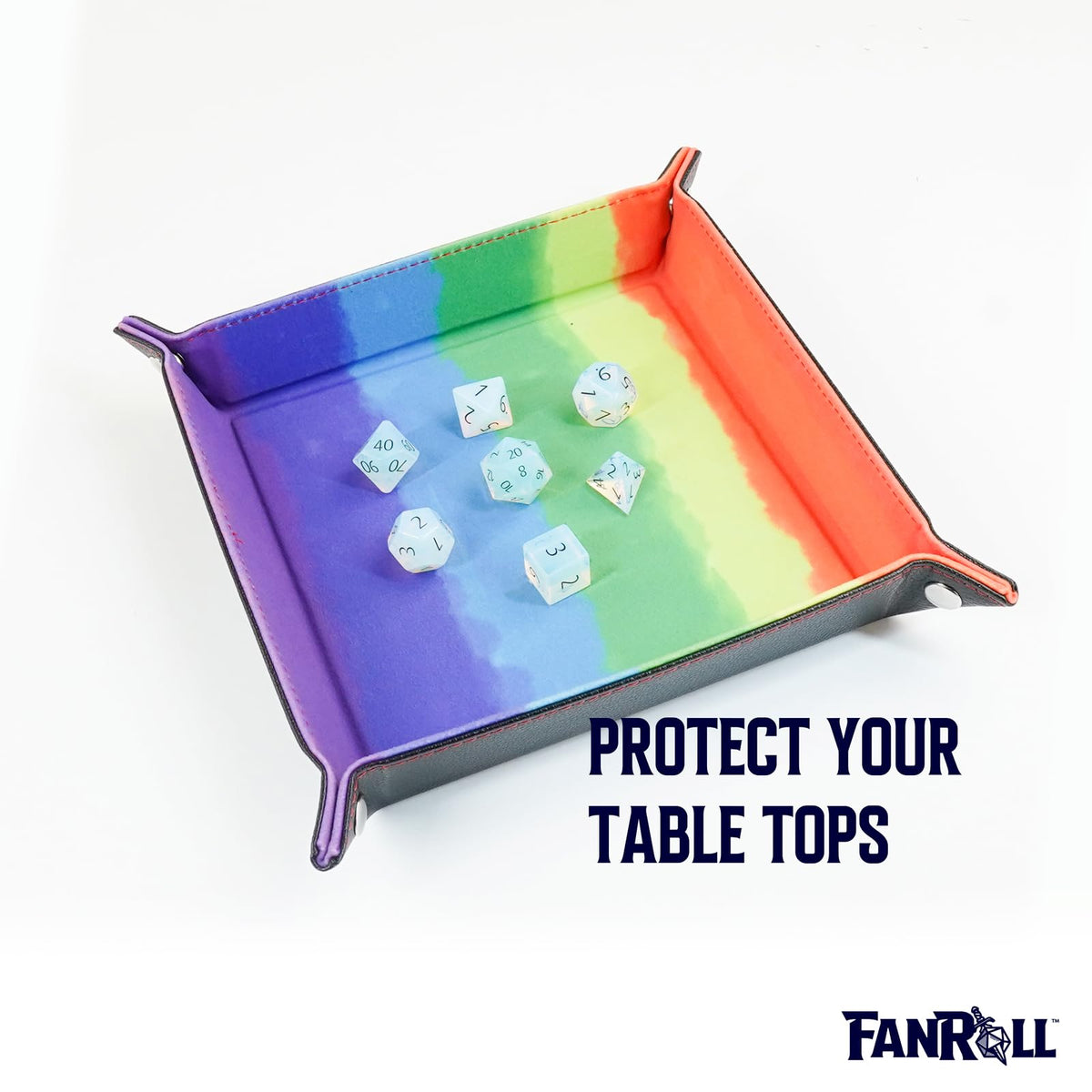FanRoll Fold Up Velvet Dice Tray w/PU Leather Backing: Watercolor Rainbow, Role Playing Game Dice Accessories for Dungeons and Dragons