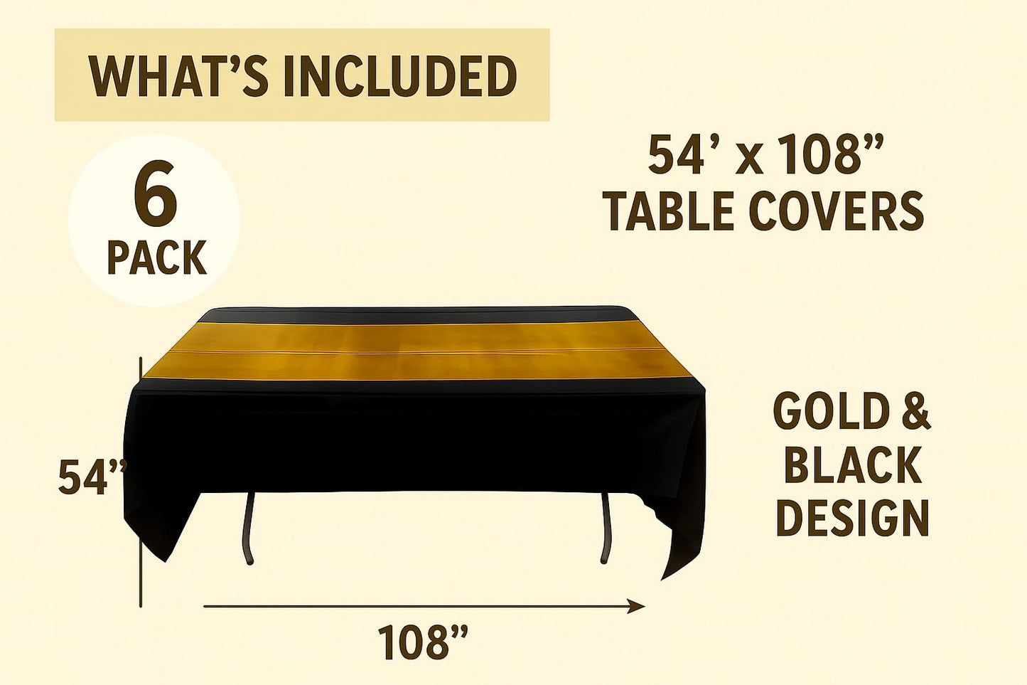 Oojami Black and Gold Plastic Tablecloths Disposable, 6 Pack - 54 x 108 in Waterproof Rectangle Table Covers for 8 Foot Tables, Manteles de Mesa de