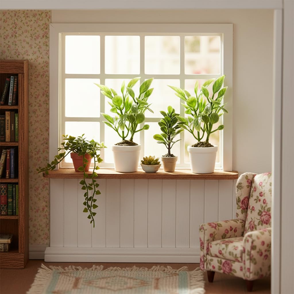 Artificial Miniature Plants for Dollhouse - 1:12 Scale Hanging Potted Greenery for Fairy Gardens, Terrariums and Diorama Displays