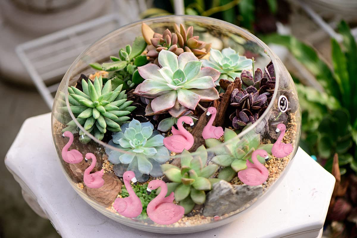 Dong Huang 10Pcs Mini Flamingo Miniature Figurines, Cute Flamingo Cake Decorations Easter Cupcake Toppers, Fairy Garden Miniature Moss Landscape DIY