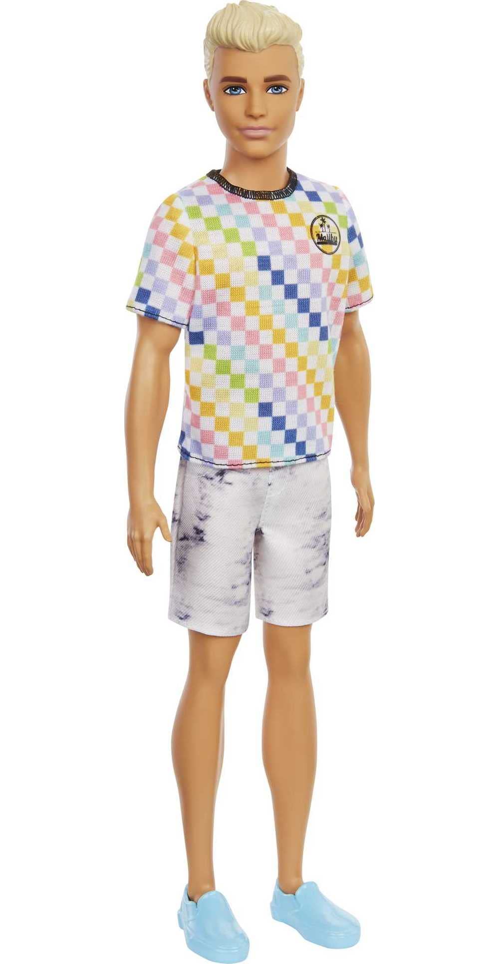 Barbie Fashionistas Ken Doll #174 with Sculpted Blonde Hair Wearing Surf-Inspired Checkered Shirt, Denim Shorts & Deck Shoes