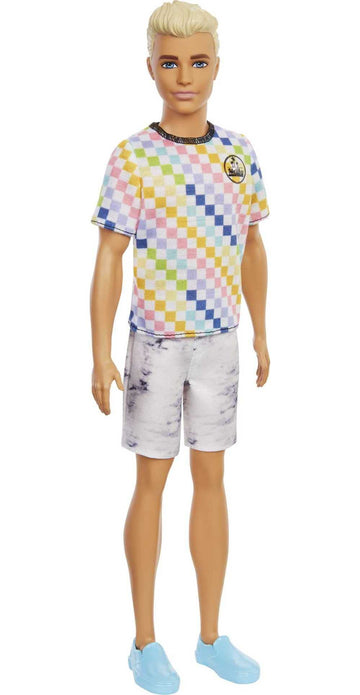 Barbie Fashionistas Ken Doll #174 with Sculpted Blonde Hair Wearing Surf-Inspired Checkered Shirt, Denim Shorts & Deck Shoes