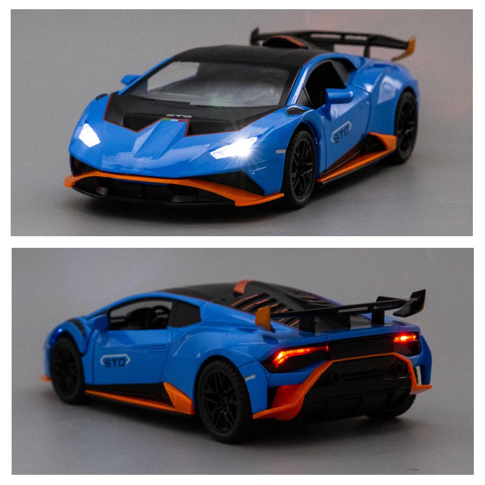 WAKAKAC Model Car 1/24 Scale Compatible for Lambo STO Die-cast Toy Vehicle Pull Back with Light and Sound Toy Car Door Can be Open (Blue)