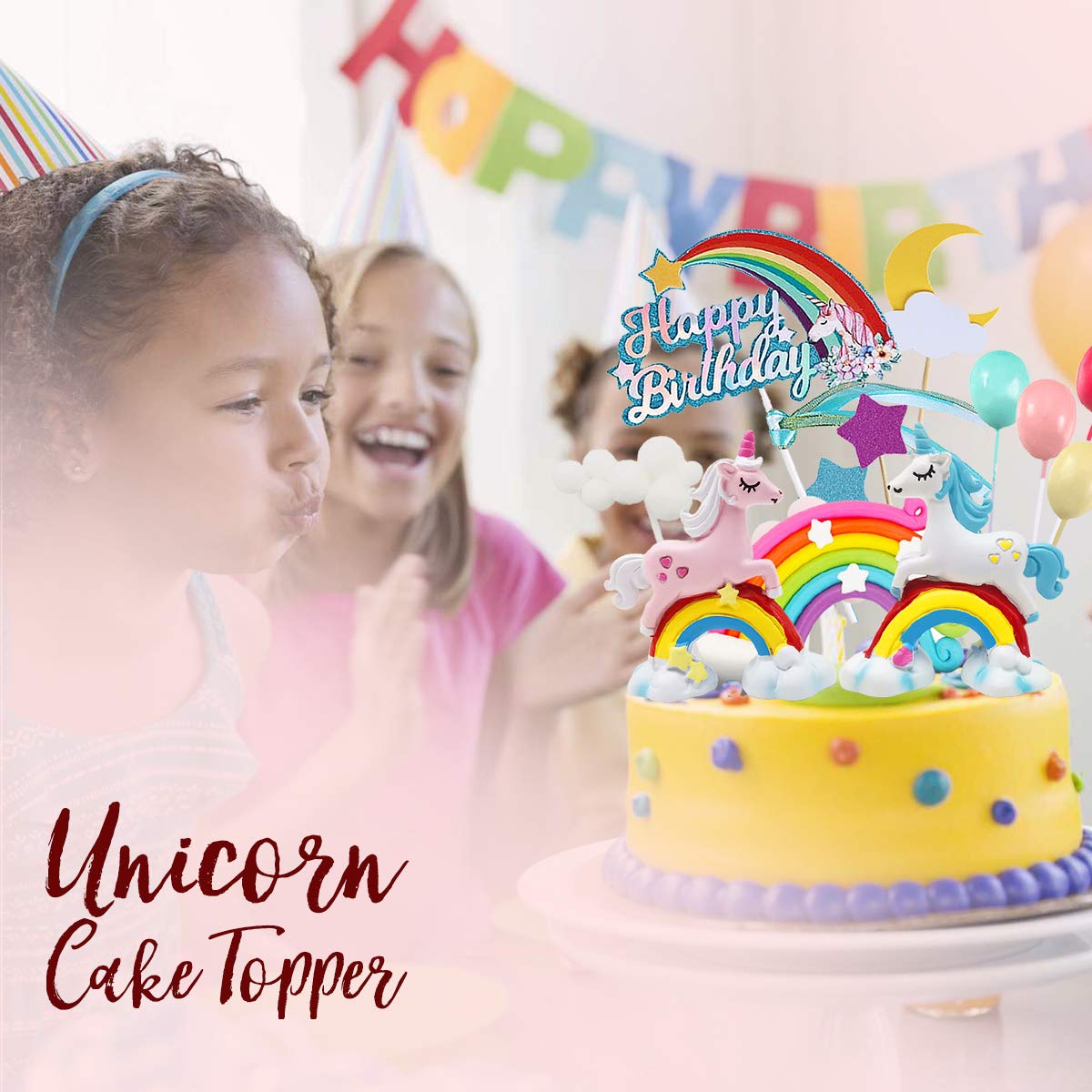 MOVINPE Unicorn Cake Topper, 2 Magic Unicorns Sculpture, 1 Rainbow, 1 Happy Birthday Banner, 2 Cloud, 4 Balloon, 12 Stars, 1 Moon, Cake Decoration