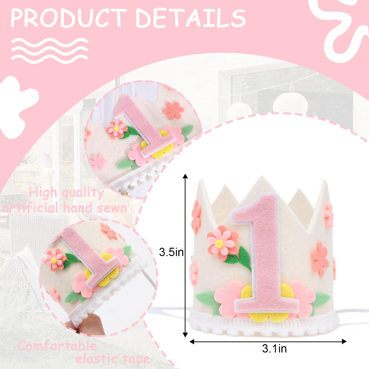 PATRDIO Wild Flower 1st Birthday Crown- Wild Flower 1st Birthday Decorations, Flower Theme Birthday Hat, Spring 1st Birthday Party Decoration, Little