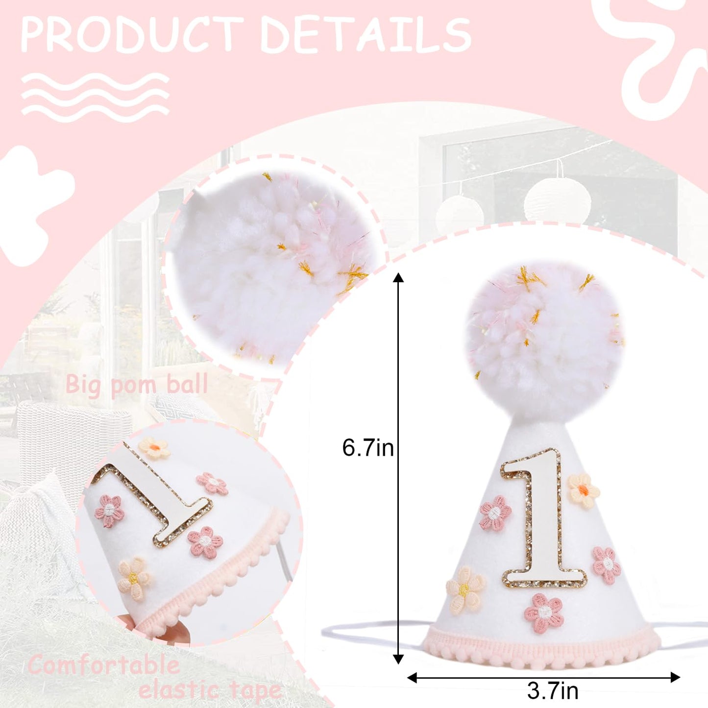YOUAME Boho Daisy Flower Birthday Party Hat For Girls - Floral First Birthday Decorations, Boho Daisy Felt One Year Cone Hat, Groovy Flower Cake Smash
