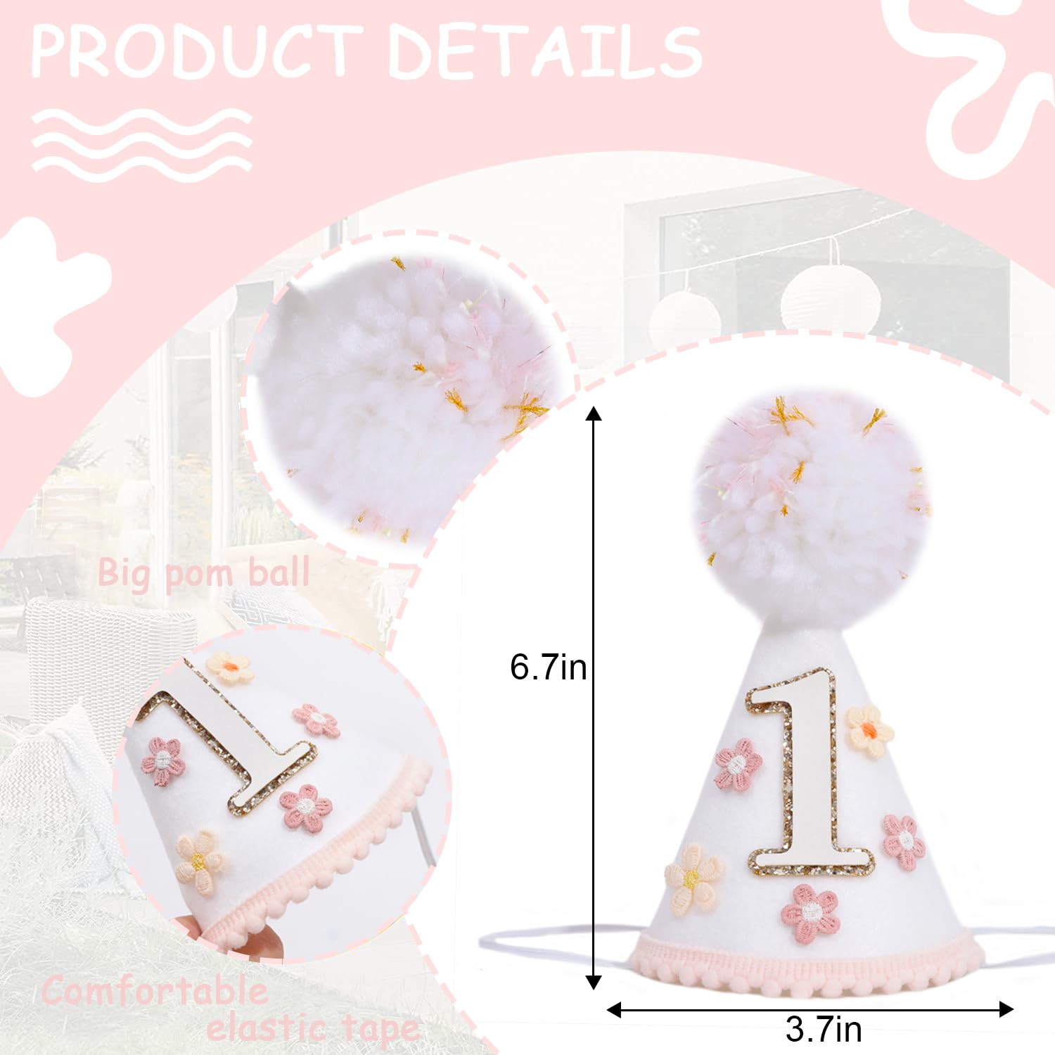 YOUAME Boho Daisy Flower Birthday Party Hat For Girls - Floral First Birthday Decorations, Boho Daisy Felt One Year Cone Hat, Groovy Flower Cake Smash