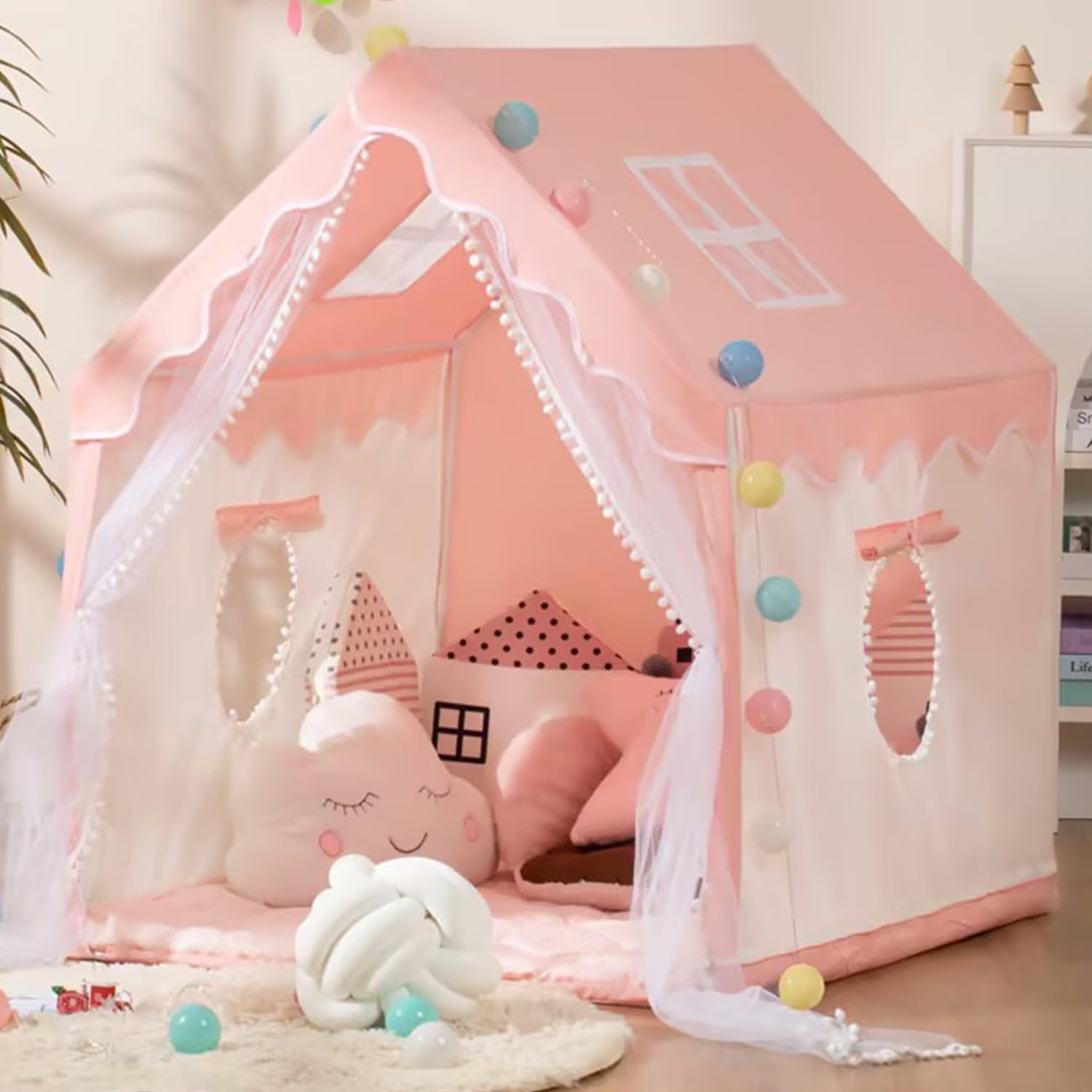 Princess Castle Tent, Large Kids Play Tent, Children's Play Tent, Indoor & Outdoor Use, with Star Lights, Breathable Gauze Curtain, Playhouse