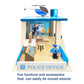 Wooden Police Station Playset Toy, Multicolor 3-Level Pretend Play Dollhouse Set with Figures, Car, Helicopter and Accessories, Preschool Learning