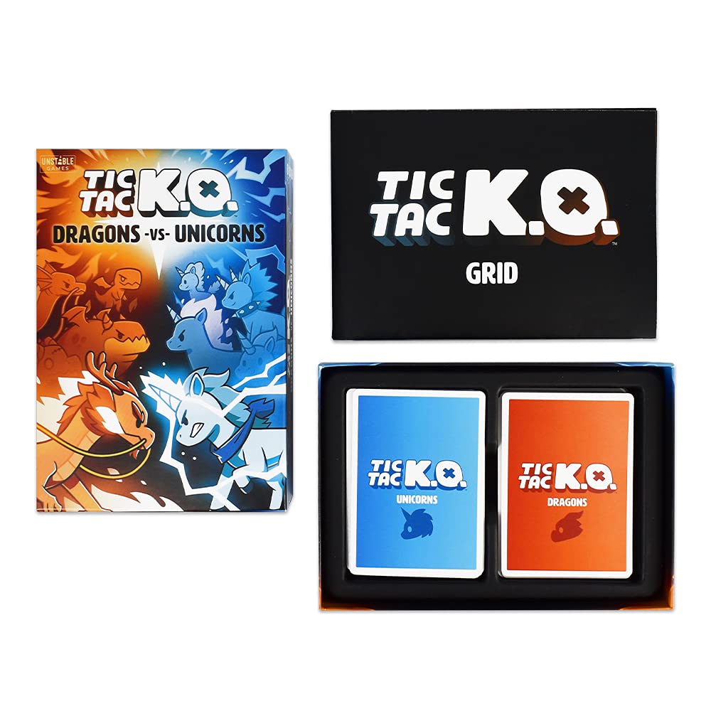 Unstable Games - Tic Tac K.O. : Dragons vs. Unicorns Base Game - Quick-to-learn team card game for kids, teens, & adults - Adorably ruthless twist on