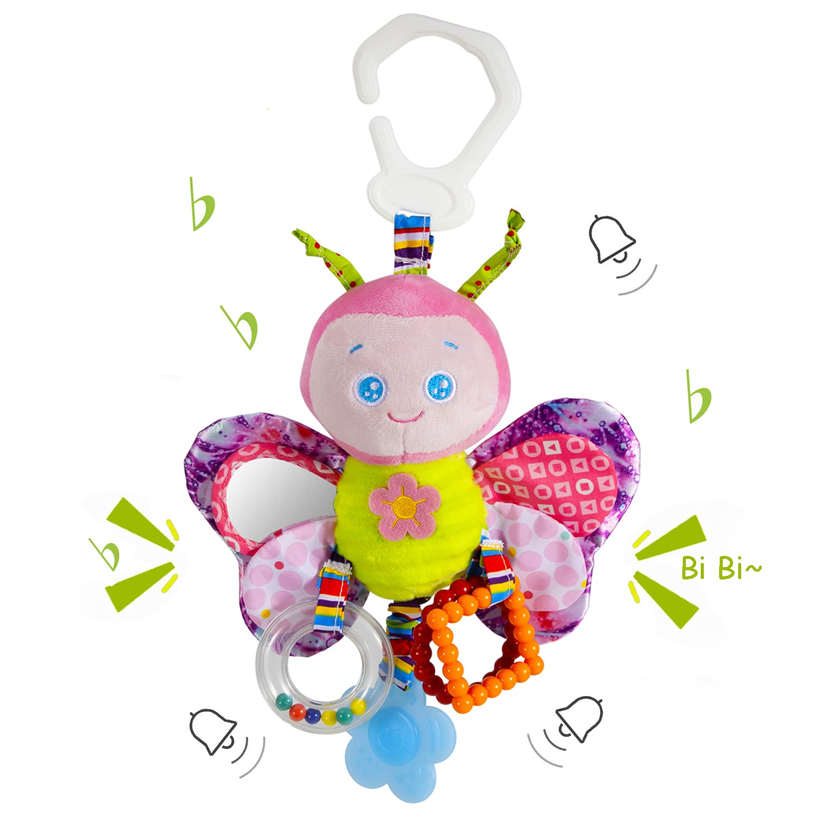 Funsland Baby Stroller Toy and Car Seat Toy for Infant with Teether Hanging Rattle Toys Clip on Stroller Toy Soft Plush Baby Toys for Boys and Girls