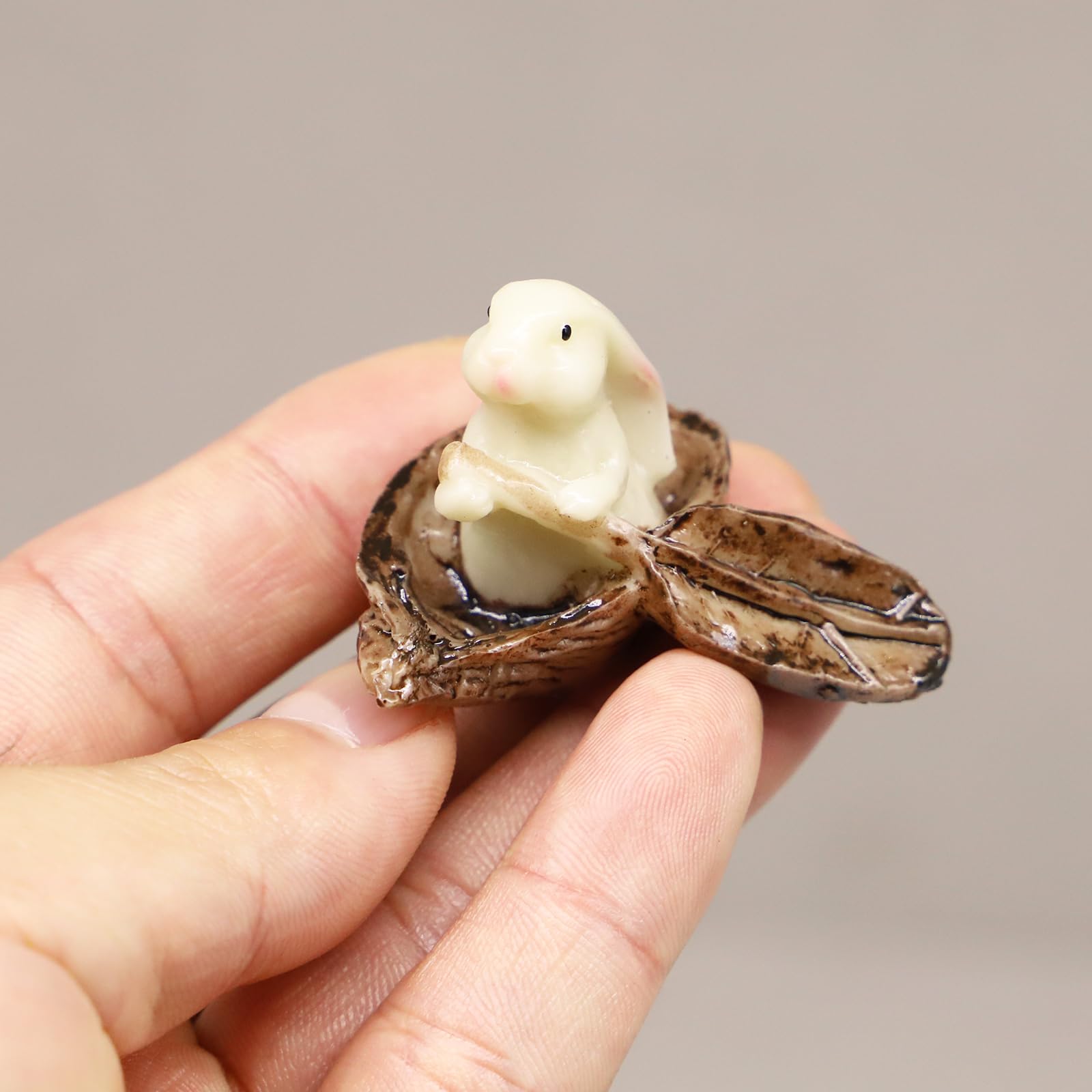 Miniature Bunny Rabbit Nut Boat, Dollhouse Bunny with Paddle in Boat, Mini Rabbits Sitting, for Fairy Garden, Terrarium, Diorama or Mini Gardening