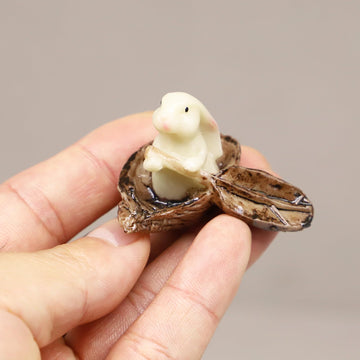 Miniature Bunny Rabbit Nut Boat, Dollhouse Bunny with Paddle in Boat, Mini Rabbits Sitting, for Fairy Garden, Terrarium, Diorama or Mini Gardening