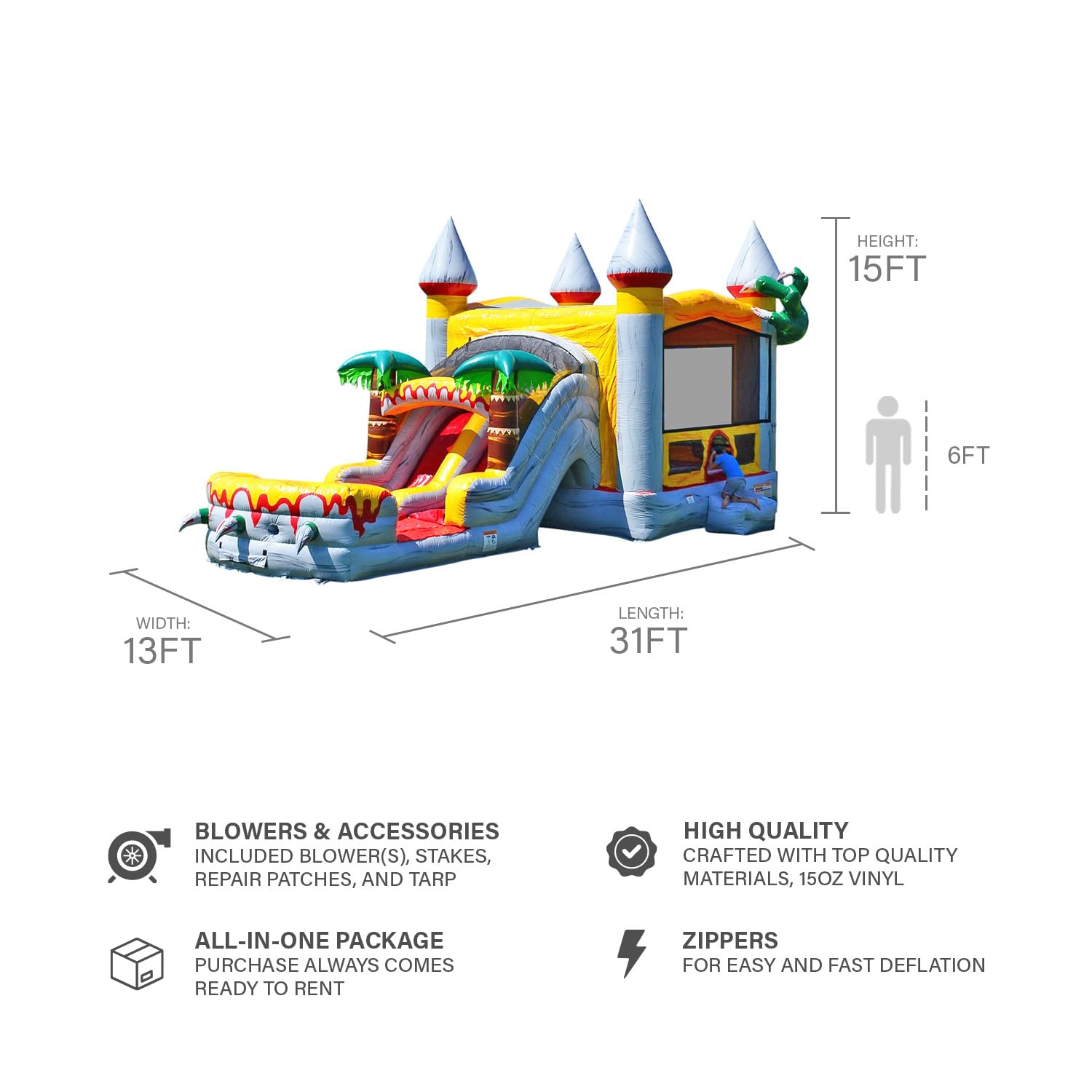 JumpOrange T-Rex Commercial Grade Bounce House Water Slide with Pool for Kids and Adults (with Blower), Basketball Hoop, Wet Dry Combo, Outdoor, Big