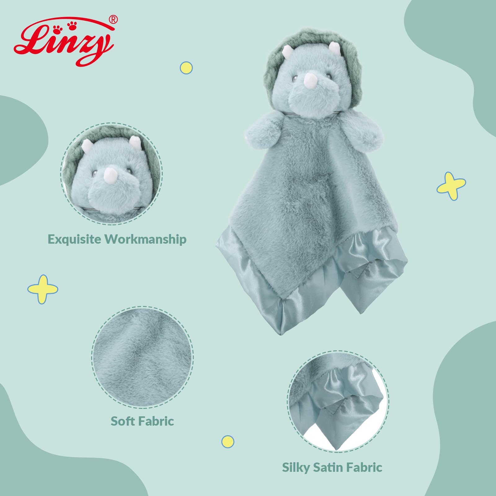 Linzy Secure Dino Lovey for Babies - Soft Dinosaur Plush Stuffed Animal Blanket, Cute Snuggle Plush, Wildlife Comfort Snuggle Toy for Newborns, Babies