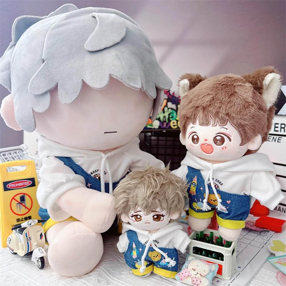 niannyyhouse White Hoodie One Shoulder Denim Strap Pants 10cm~15cm 20cm 40cm Plush Doll Outfit Dolls Dress Up Accessories (White 10cm~15cm)