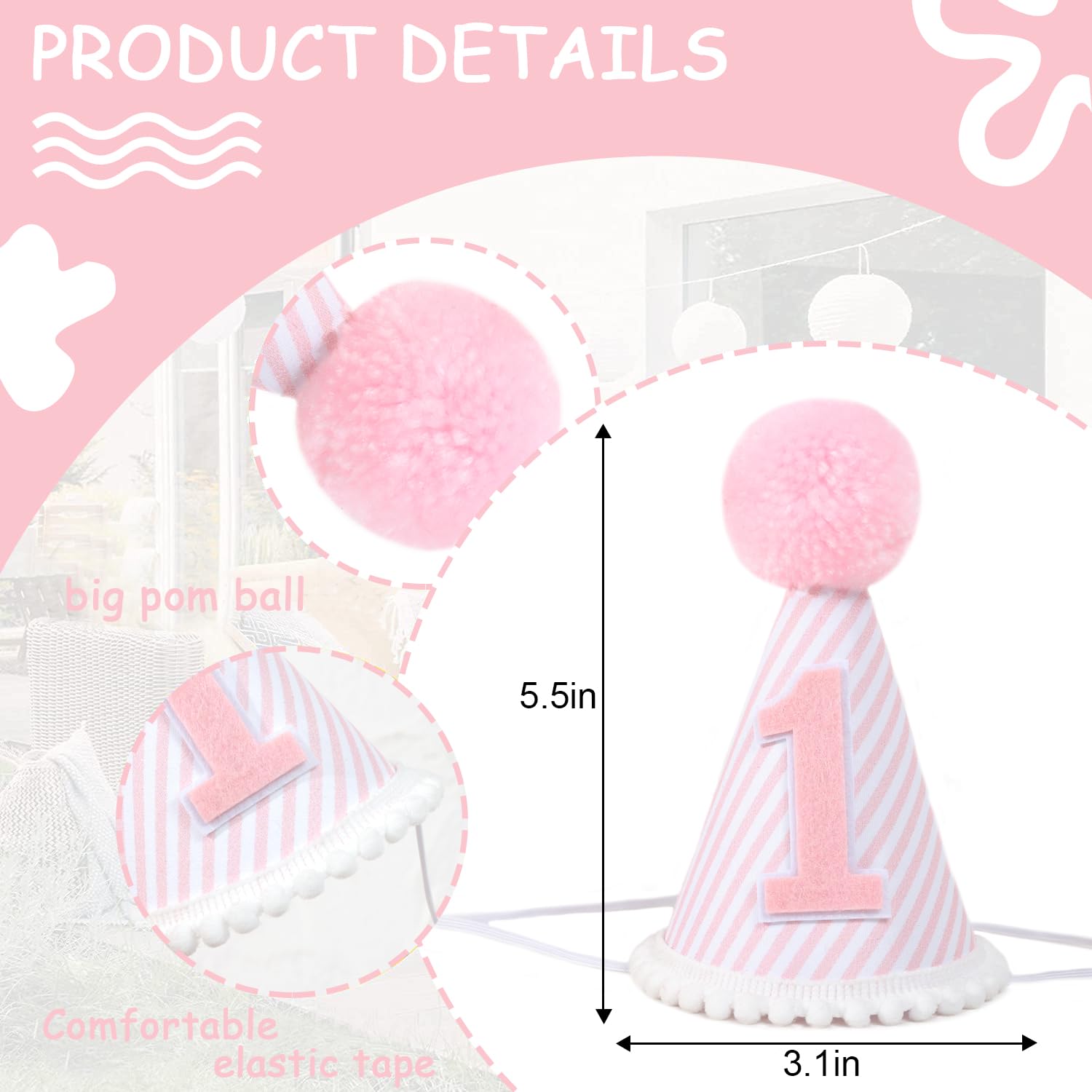 Pink & White First Birthday Party Hat - Girl's 1st Birthday Crown with Photo Props for Decorations and Dressing