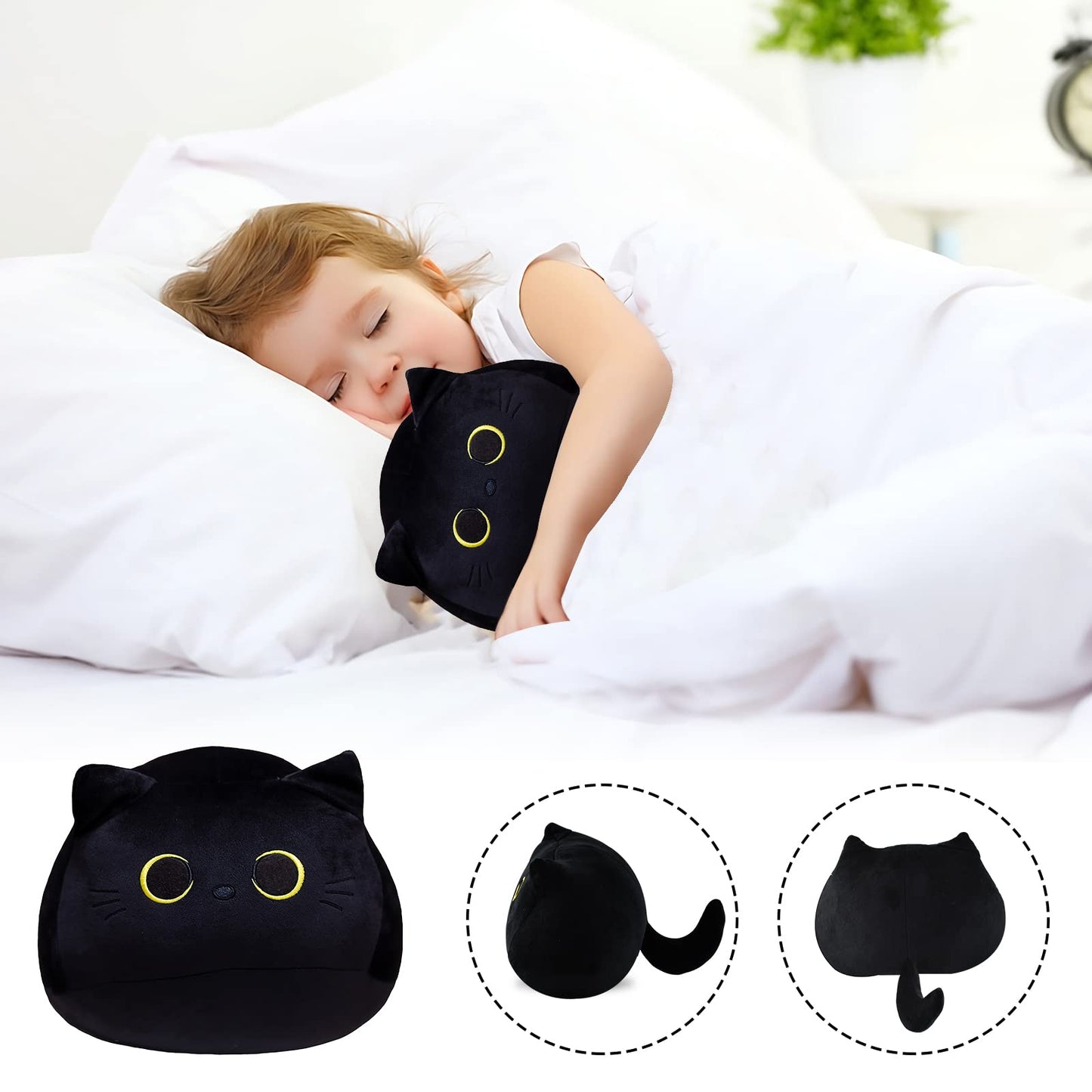 AudeRhine 10'' Cute Black Cat Plush Toys, Soft Pillow Squishy Plushies, Kawaii Cat Stuffed Animals for Home Decoration, Gift for Cat Lovers, Kids