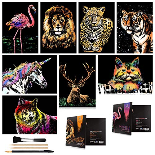 Scratch Art for Kids & Adults, Rainbow Engraving Painting Landscape Scratchboard(A4) Crafts Set: 8 Sheets Scratch Cards with 4 tools
