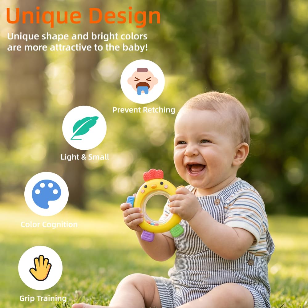 Baby Teether Rattle Toy,Babies Teething Rings Toys for 0-6 6-12 Months,Chicken Shape Textured Silicone Chew Toy for Gum Relief,Silicone Teether,BPA