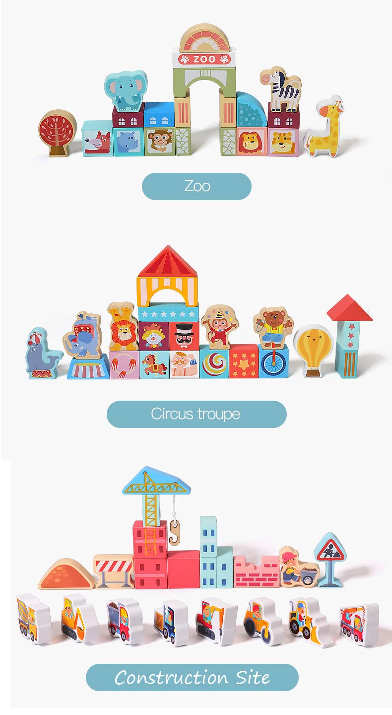 moderngenic 181pcs 'Streetscape' Wooden Building Block Set for Toddlers, Jigsaw Puzzle City Map, 11 Buildings (3 Extra Bonus: Circus, Zoo