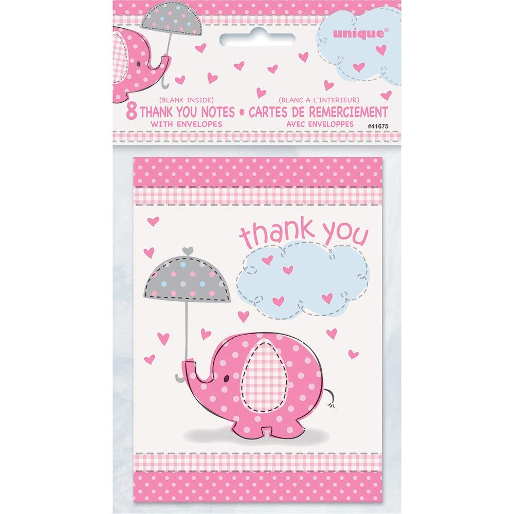 Unique Pink Elephant Girl Baby Shower Thank You Cards, 8ct, multi color, "5.5"" x 4"""