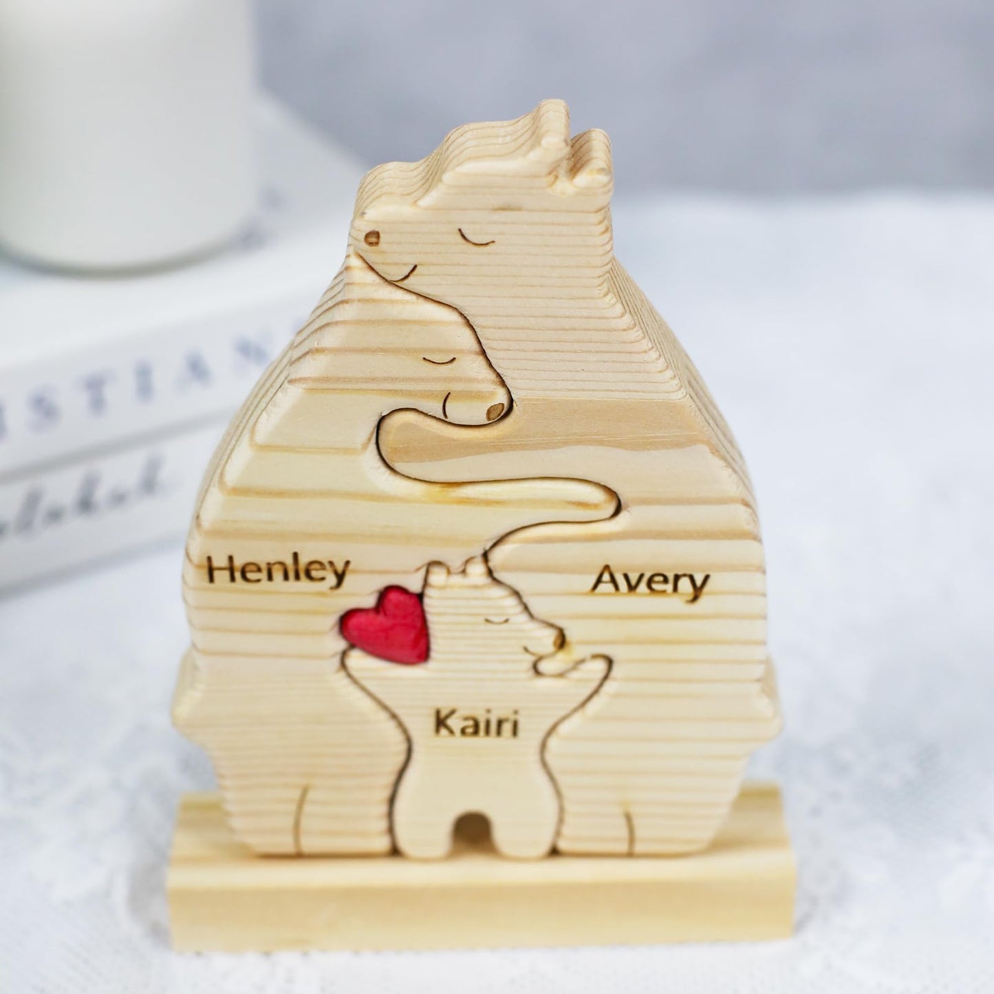 Personalized Wooden Polar Bear Puzzle with 2-7 Family Name, Custom Family Bear Puzzle Gifts for Home Decor, Customized Name Gift for Wooden