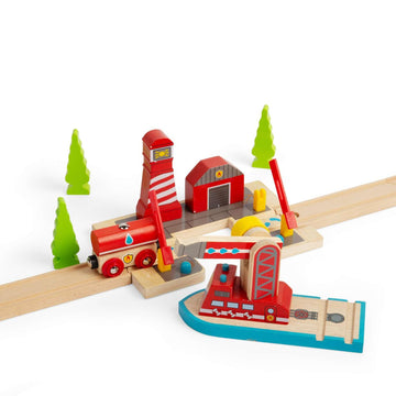 Bigjigs Rail Fire & Sea Rescue | Wooden Train Set Accessories | Emergency Services Toys | Expansion Pack for Wood Railway Track | Includes Crane