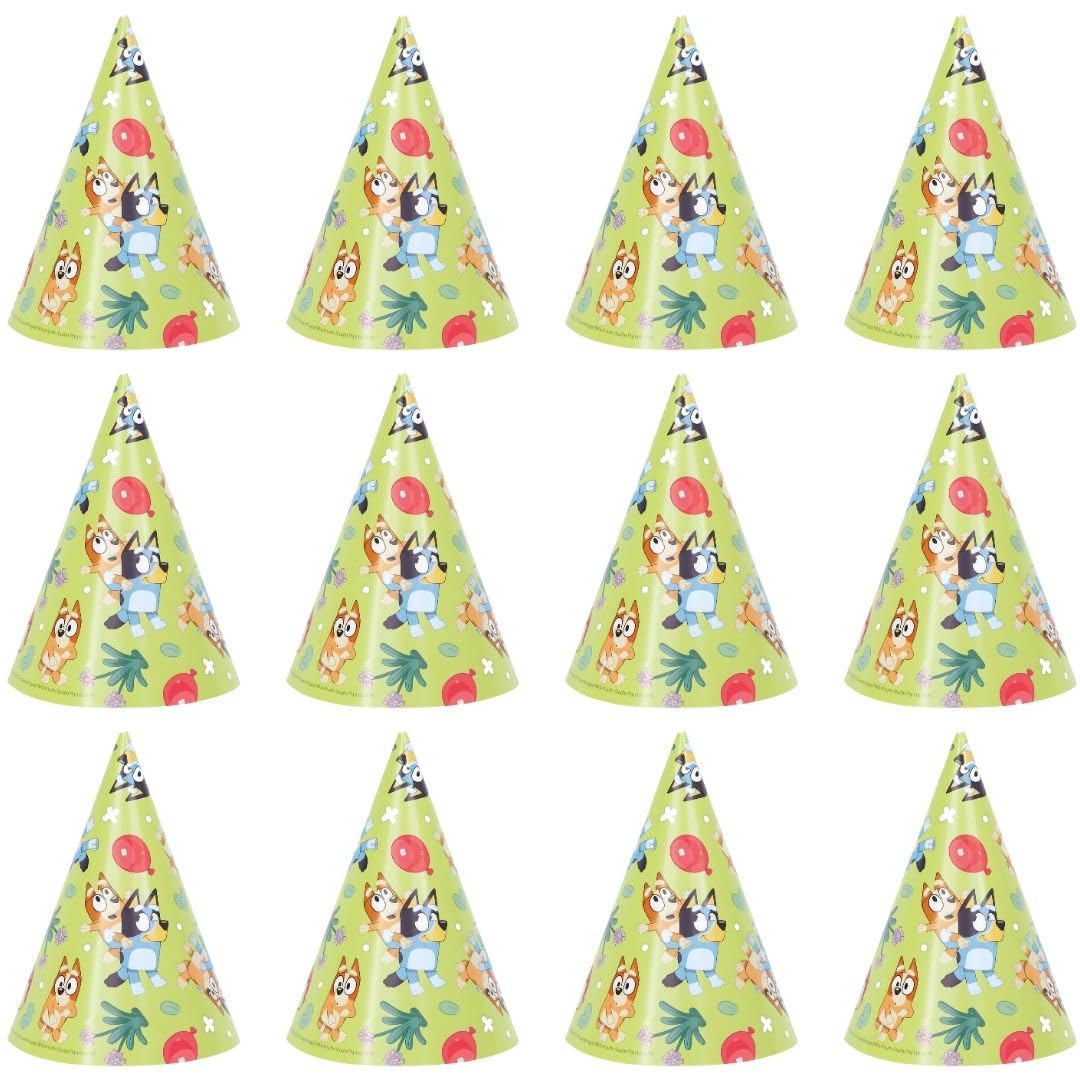 Unique Multicolor Bluey Party Hats - 8 Count | Vibrant Paper Hats with Unique Bluey Designs - Perfect for Kids' Birthdays & Celebrations, One Size