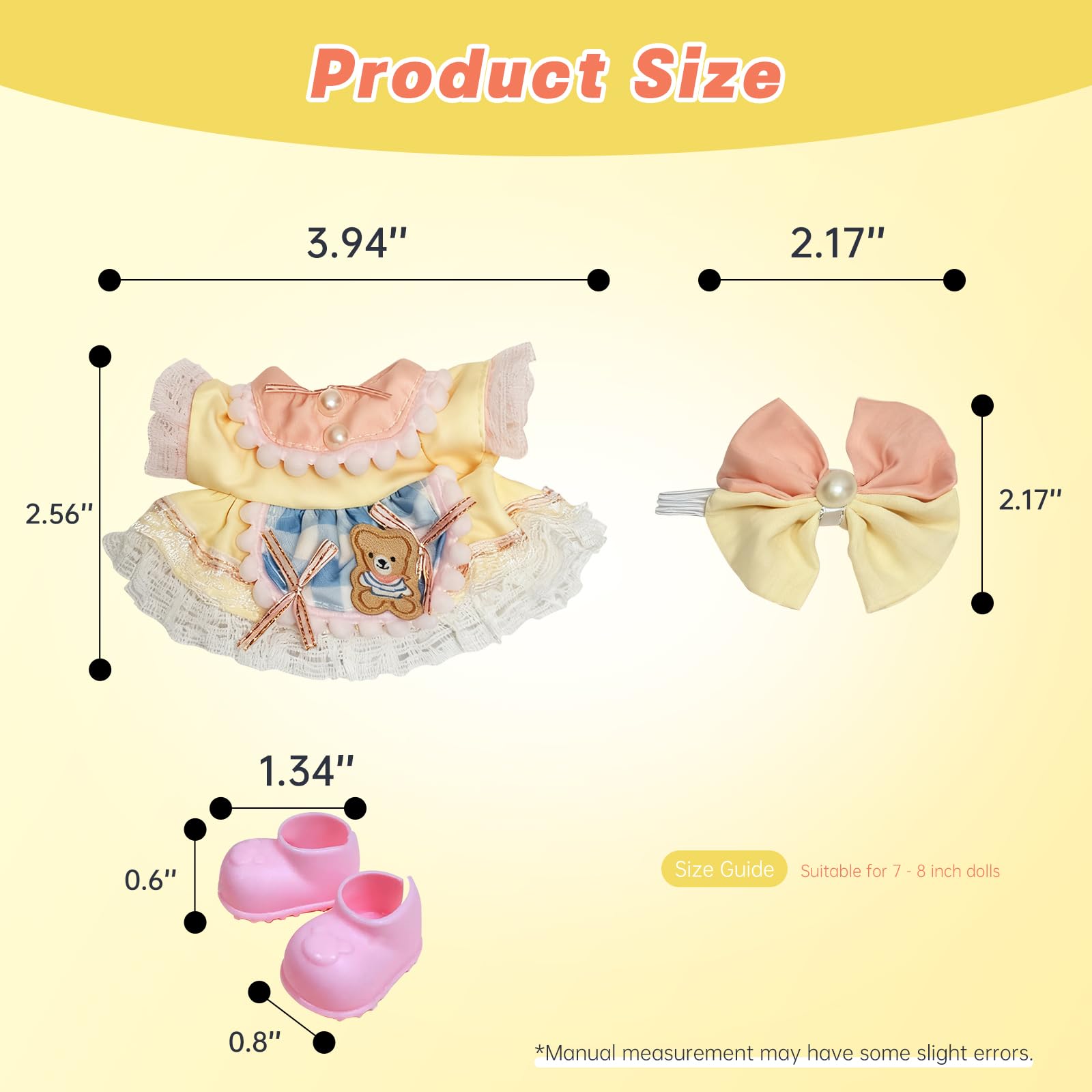 17cm Doll Costume Set(3PCS) - Yellow Pink Pearl Bow, Bear Patch Lace Dress, Pink Bear Shoes?No Doll Included (Style J)