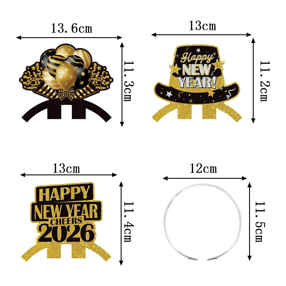 KALOR Sparkling 2026 New Year Headbands 6-Pack, Black Gold Glitter Party Headbands for New Year's Eve Party Supplies, Countdown Parties, No Assembly