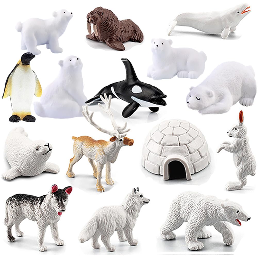 BLAPNK 15 Pcs Mini Polar Animal Figurines Model Realistic Glowing Igloo Plastic Bear Animal Figure Playset Miniature Arctic Sea Figurines Cake Toppers