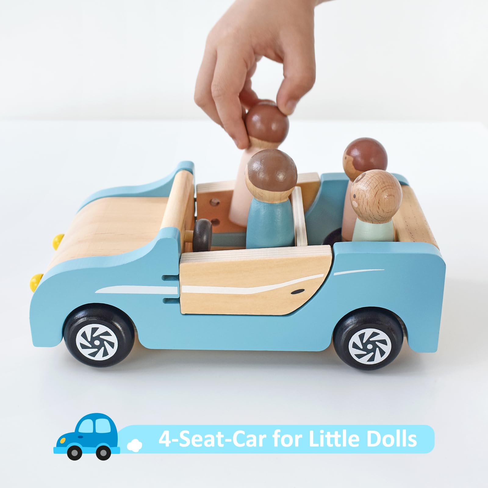 PairPear Wooden Family Car for Dolls,Wooden Toys Dollhouese Furniture Accessories Playset,Kids Pretend Preschool Play Vehicle Toys Gift for Toddler 3