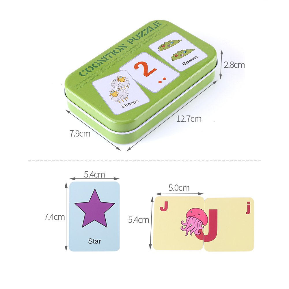Fdit Early Learning Flash Cards with Iron Box, Educational Puzzle Cards for Toddlers, 30 Pieces, Green Box, Animal Shape Alphabet Word Recognition