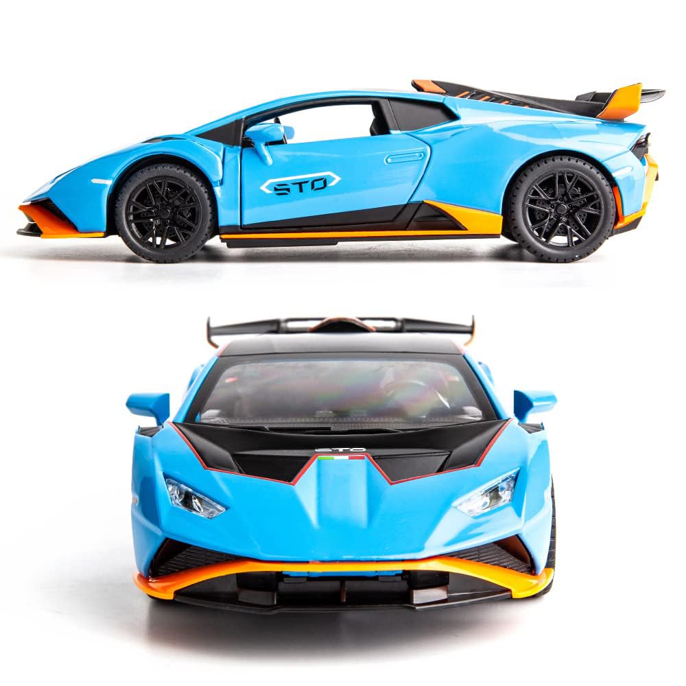 WAKAKAC Model Car 1/24 Scale Compatible for Lambo STO Die-cast Toy Vehicle Pull Back with Light and Sound Toy Car Door Can be Open (Blue)