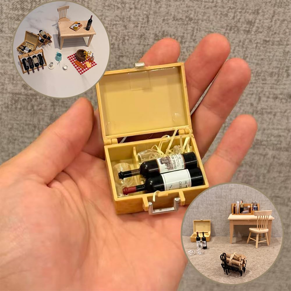 1/12 Dollhouse Miniature Wine Bottle Kit, Wood Case with Wine Glasses